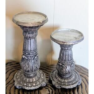 Set Of Gunmetal Silver Resin Pillar Candle Holders 8" & 6"